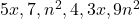 5x, 7, n^2, 4, 3x, 9n^2