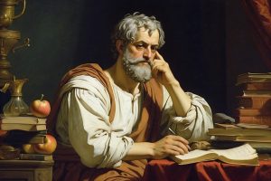 Aristotle Image, unrealistically portrayed with books.