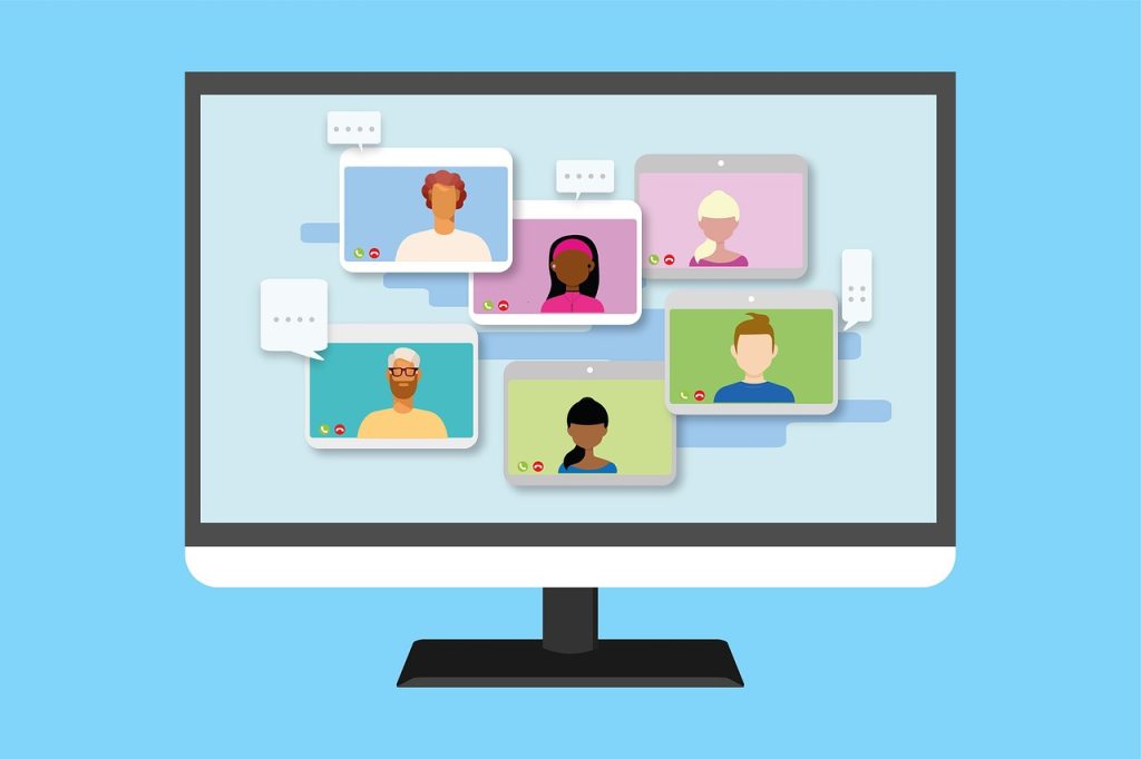 Animated virtual meeting on computer screen.