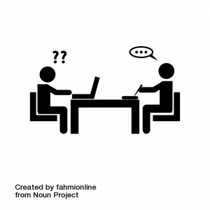 two people sitting down talking, one with questions overhead and one with points they are making overhead