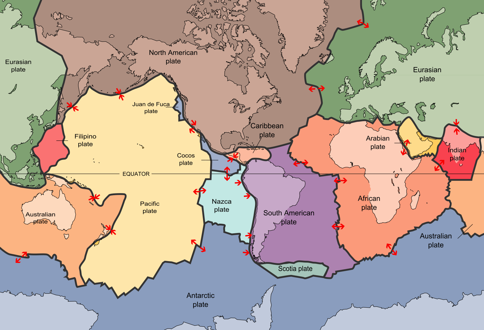 World map divided into lithospheric plates.