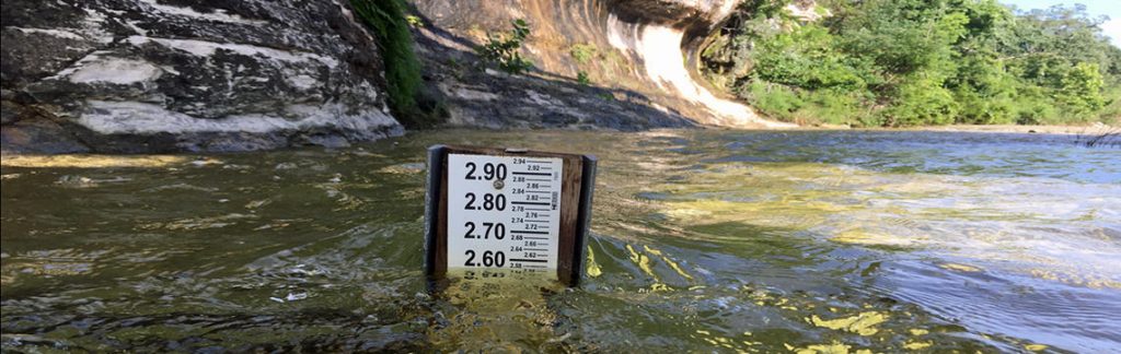 A stream gage showing water depth in the Colorado River.  USGS.  Public Domain