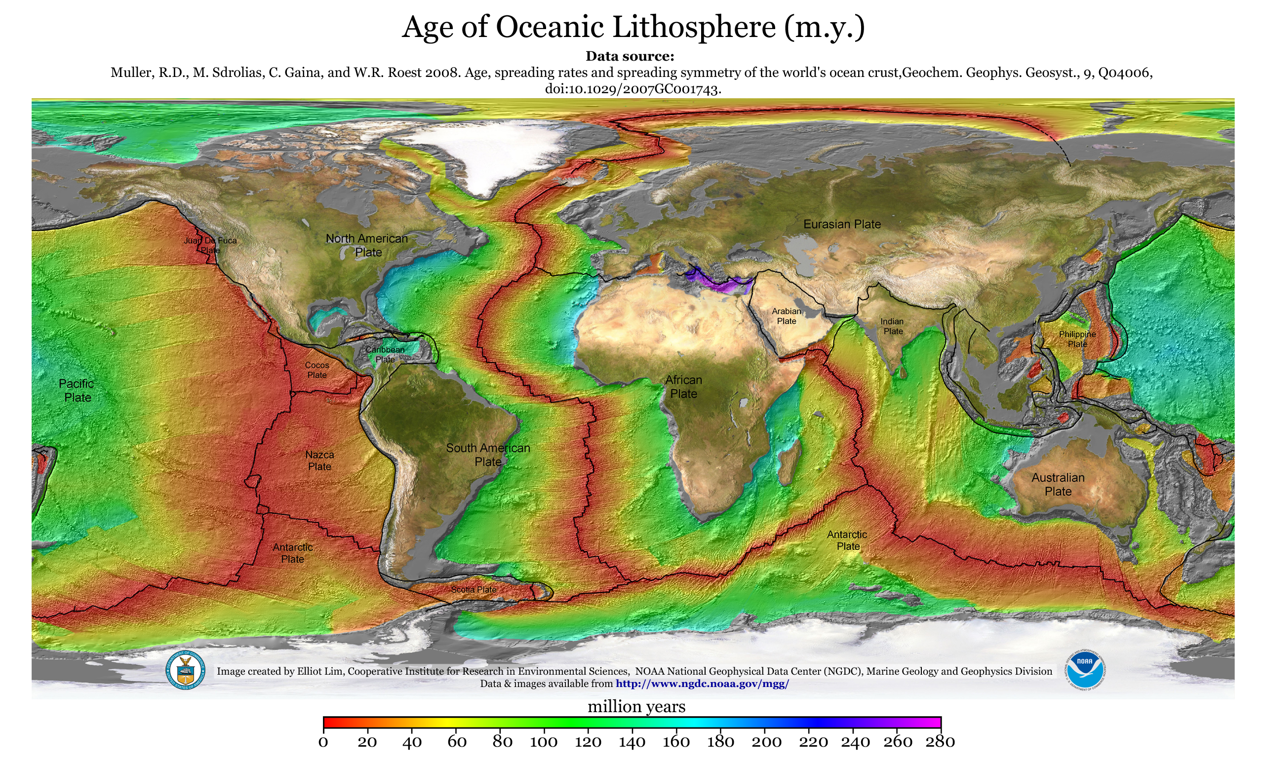 heat map of the oceanic crust, where the youngest crust is at the mid-ocean ridges and the oldest crust is near the trenches