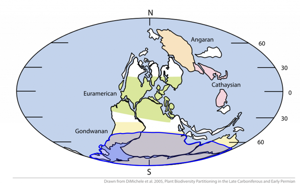Map of ancient Earth with Pangaea supercontinent assembled with a lot of land localized over the Southern hemisphere. There, the Karoo ice age caused glaciation to cover a significant portion of the landmass.