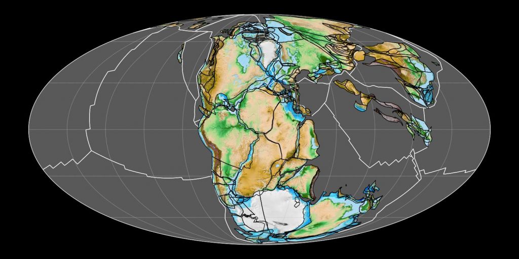 The supercontinent of Pangaea, shown with today's continental borders, assembled 300 - 180 million years ago.