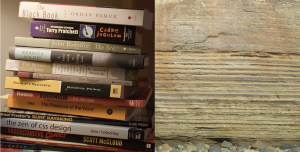 Layers of books stacked one on top of another (left) are not so different from layers of rock deposited over time. The oldest layer is on the bottom, and the youngest is on the top.