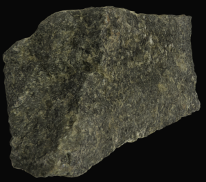 Gabbro Interactive Model. Gabbro is a coarse-grained, dark gray rock with visible black and green minerals that are rough to the touch.