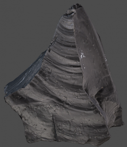 Obsidian Interactive Model. Obsidian is an extremely smooth, glassy rock with no visible minerals and conchoidal fracture at its broken edges.