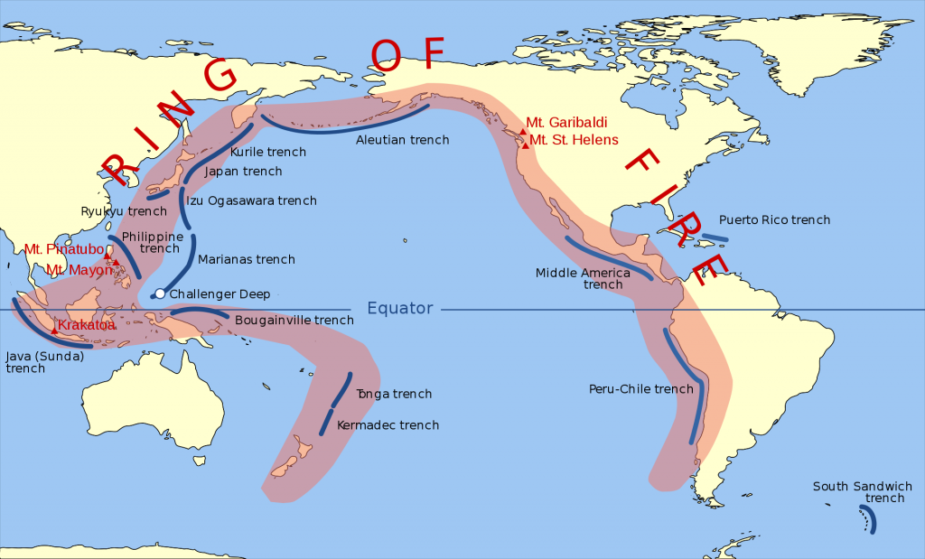 The Pacific Ring of Fire can be found from S. New Zealand, North of Australia, Japan, Java, the coast of Eurasia, across the Aleutian trench to Alaska, along the Western U.S. down to the southern tip of Southern America.