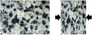 Foliation that develops when minerals are squeezed and deform by lengthening in the direction perpendicular to the greatest stress (indicated by black arrows). Left- before squeezing. Right- after squeezing.