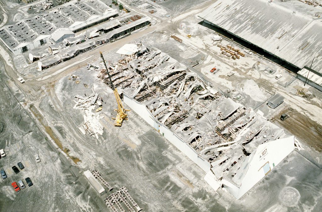 A building lies in ruins under the weight of ash from the eruption of Mount Pinatubo, a volcano which came to life in June 1991 for the first time in over 600 years.