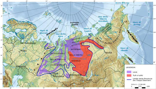 Map of Northern Russia showing the extent of the Siberian flood basalts, which influenced the Permian-Triassic Extinction in 252 Ma.