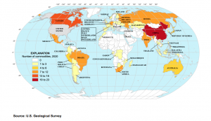 A map of the world to show the countries on which the US depends for minerals