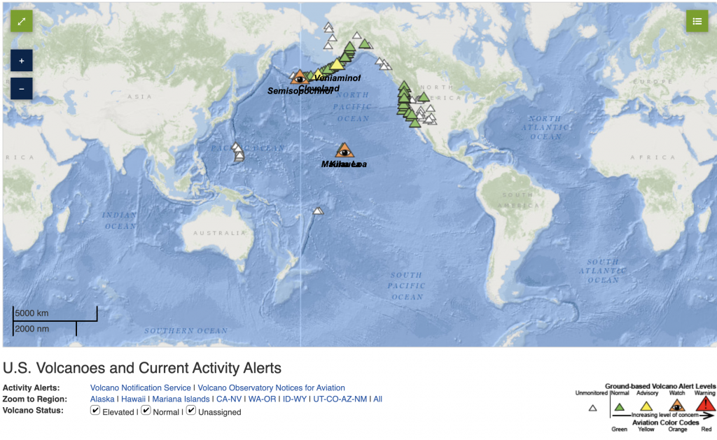 The USGS Volcano Hazards Program shows both monitored and unmonitored volcanoes in the United States. Along the Western Coast and Hawaii are 161 active volcanoes, some of which may erupt in the near future. CLICK THIS IMAGE TO GO SEE THE CURRENT STATUS OF THESE VOLCANOES!