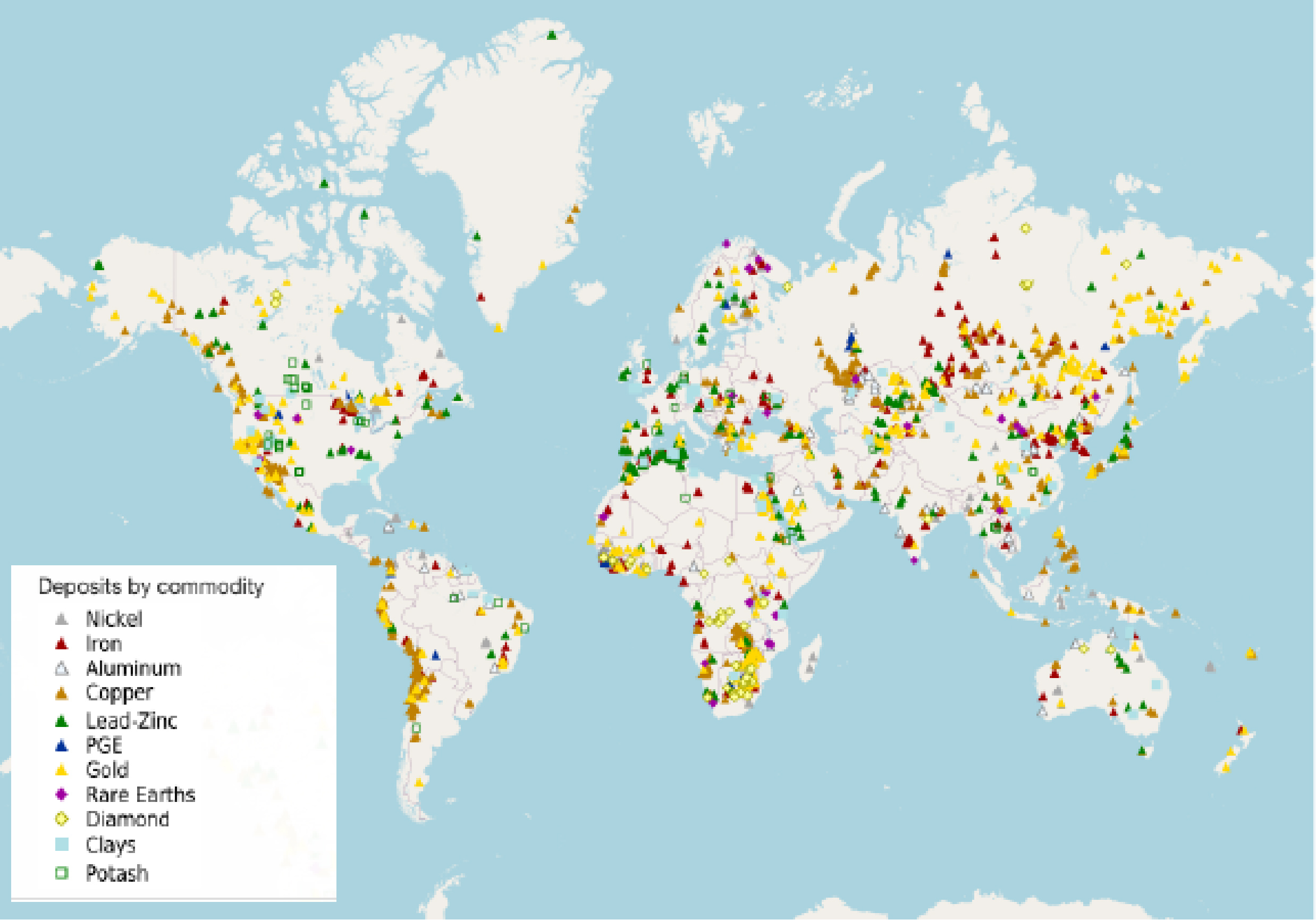 A world map with color-coded symbols that show the distribution of metals and geologic resources. The distribution is not even and some resources are concentrated along belts