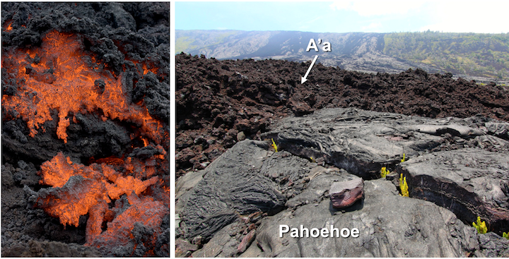 Pahoehoe lava flows are thin and ropey whereas aa is rough and blocky.