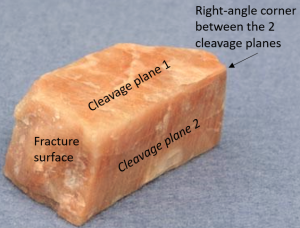 Orthoclase feldspar demonstrating 2-directional cleavage at 90 angles from one another.