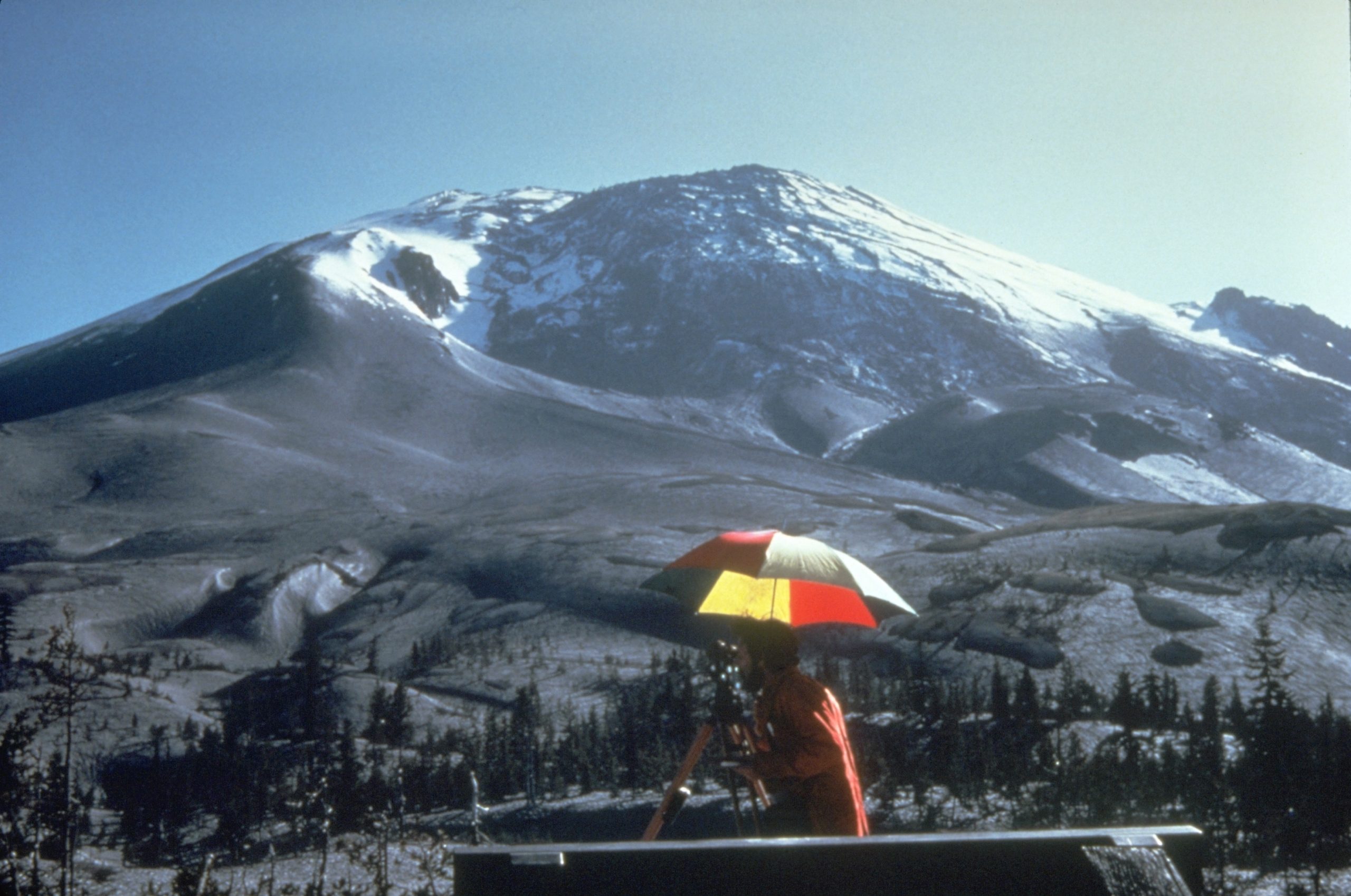 Mount St Helens' northern peak is bulged outward in 1980 before its massive eruption