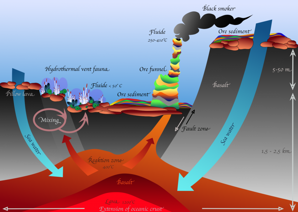 Cold seawater moves down the cracks in the seafloor, is superheated by magma, and strips rocks of metals. The water rises and precipitates the metals as black smoke as chimneys of ore.