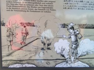 A warning bulletin at Yellowstone national park depicts a frightened child stepping on a geyser after wandering off the pathway. These warnings are meant to dissuade tourists from wandering into the deadly hot springs.