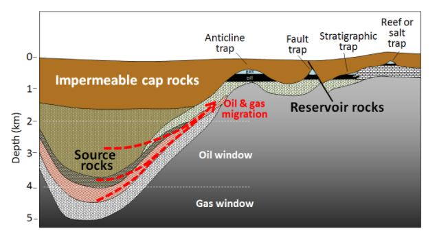 A cross-section of rock layers.  Source rocks of hydrocarbons are below upper rock units, which host the hydrocarbons that migrated from the source rocks. The host rocks are also known as reservoir rocks. 