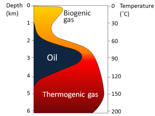 A plot with Depth in km to the left and temperature on the other axe showing 3 different colored areas. The areas correspond to the conditions needed to generate biogenic gass, oil and thermogenic gas