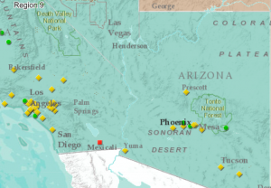 Map of Arizona and S California with yellow diamonds and green circles showing clean up cites. Arizona has 6 clean up sites near Phoenix, one in Prescott and 2 in the south, near Tucson
