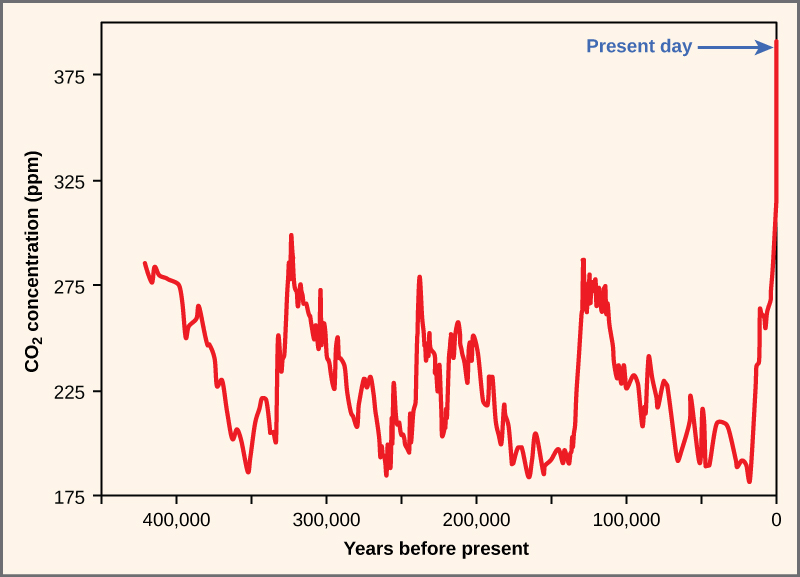 Figure 1. Atmospheric carbon dioxide levels fluctuate in a cyclical manner. However, the burning of fossil fuels in recent history has caused a dramatic increase in the levels of carbon dioxide in the Earth’s atmosphere, which have now reached levels never before seen on Earth. Scientists predict that the addition of this “greenhouse gas” to the atmosphere is resulting in climate change that will significantly impact biodiversity in the coming century.