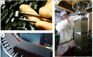 A composite of 3 images. Upper left, sa small metallic pellet of uranium, below is an image of rods made out of the pellets. The image to the right shows an assembly of roads that form a fuel assembly