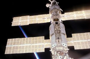 Solar panels on the International Space Station (ISS) while it was docked with the Space Shuttle Atlantis. PV provides all the power for the ISS.