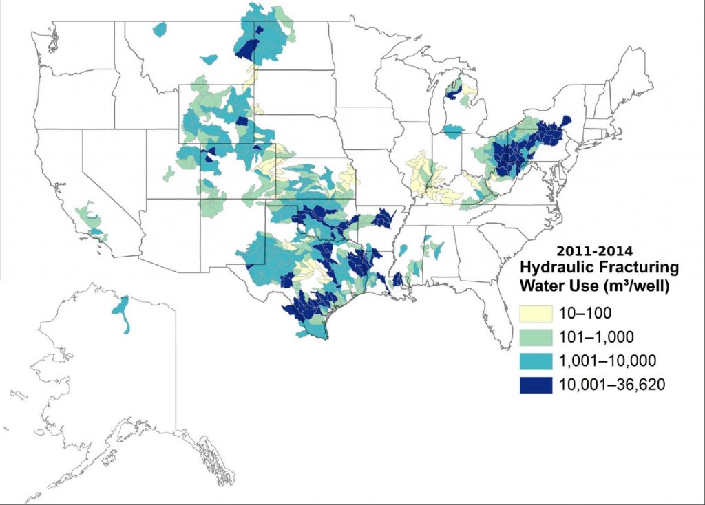 USGS map of water use from hydraulic fracturing between 2011 and 2014. One cubic meter of water is 264.172 gallons.[79][80]