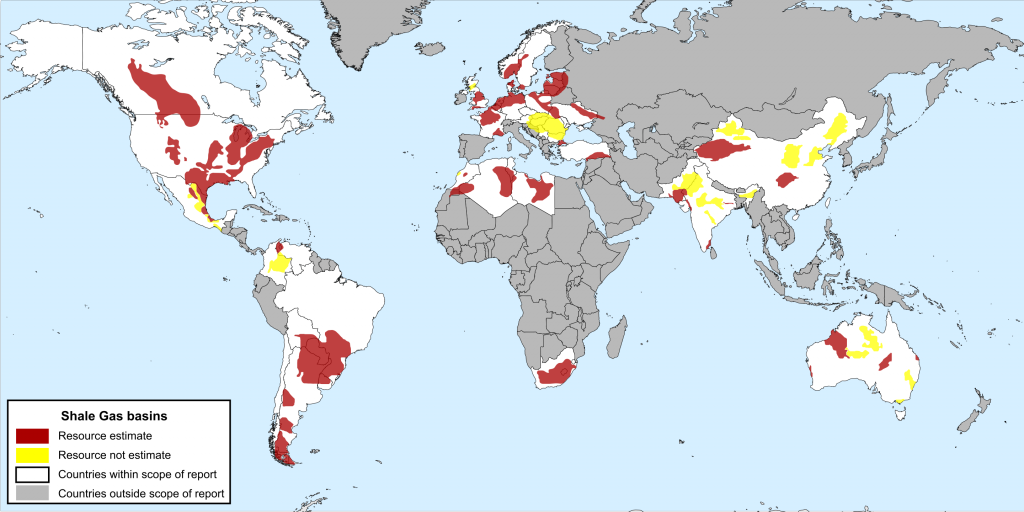 A map of 48 shale basins in 38 countries, based on US Energy Information Administration data, 2011.