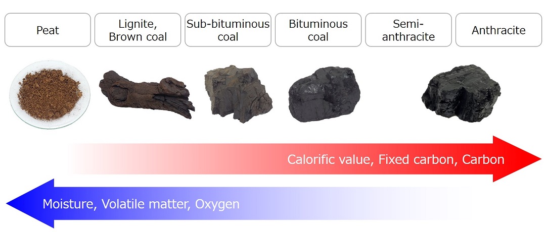 Types of coal - peat, lignite, bituminous, and anthracite.