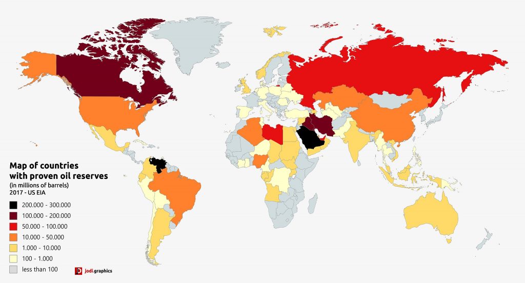 Map of countries with proven oil reserves - according to U.S. EIA, 1/2017 .