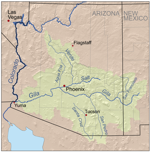 Map of Arizona's Salt and Gila Rivers watershed and some of their main tributaries that feed into it.