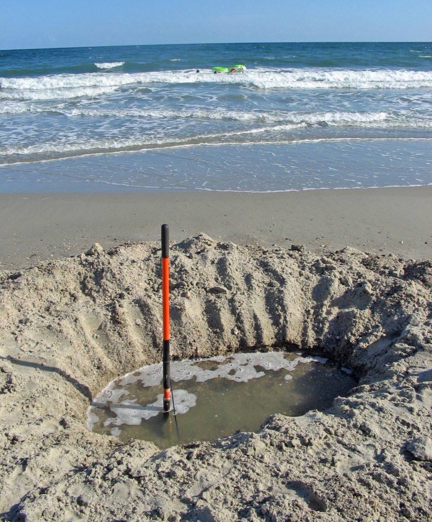 This photo of a hole dug at a sandy beach is a great way to show how, below a certain depth, the ground, if permeable enough to hold water, is saturated with water. The saturated zone below the water table is called an aquifer, which stores water. Digging a hole and having it fill it water at a beach is like someone digging a well that exposes the water table, with an aquifer beneath it. On the beach, it's easy because the level of the water table is always at the same level as the ocean, which is just below the surface of the beach.