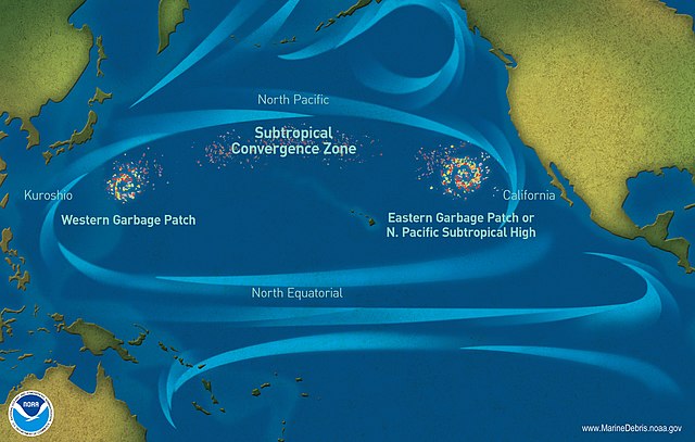 Map of 2 areas of trash accumulation in the North Pacific.
