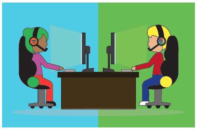 A cartoon representing two people playing on their computers in front of one another