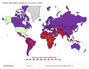 image of world with infant mortality rates for each country color coded