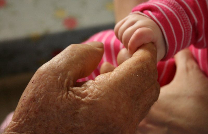 Old adult holding the hand of a young baby.