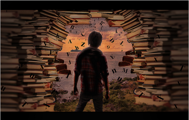 drawing of boy looking down with books and letters around him