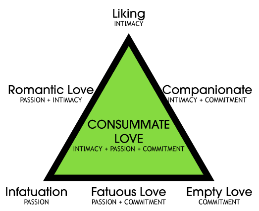 illustration of Sternberg love theory with a triangle with liking as a point, infatuation as a point, and empty love as a point, labeled a total of 7 types of love based on intimacy, passion, and commitment