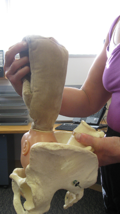 women holding baby mannequin on skeleton showing optimal positioning of fetus for birth