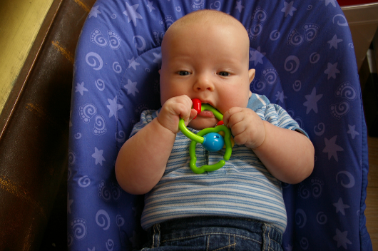 infant holding rattle