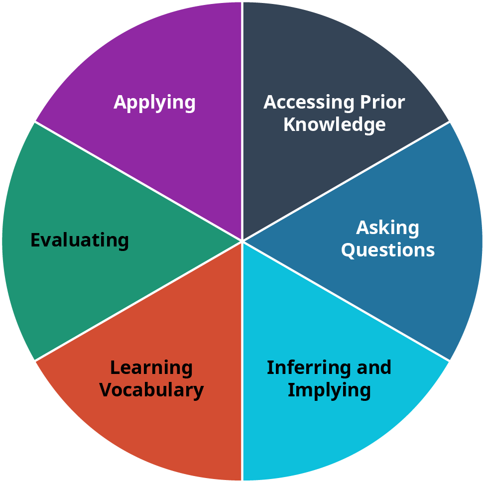 Pie chart showing equal parts Applying, Accessing Prior Knowledge, Asking Questions, Interring and Implying, Learning Vocabulary and Evaluating.