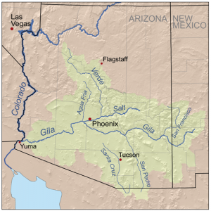 map of Arizona shows the main rivers are the Colorado, Gila, Salt, and Verde,