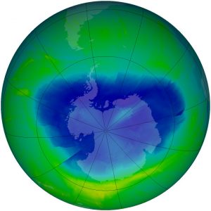 Map of the earth showing an area over Antarctica with low levels of ozone