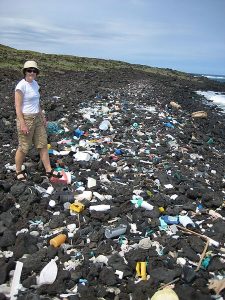 Photo of a large amount of plastic trash on a rocky beach
