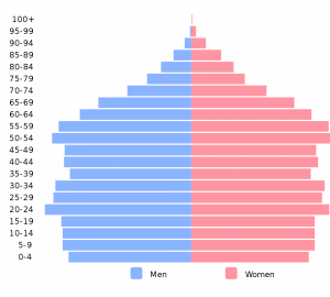 Bar graph shows the number of males and females in each age class in the United States in 2016. The numbers of people in each age class is about the same for ages 0 to 59. The number drops off after that age. There are small increases in the numbers for ages 20 to 24 and 50 to 59.