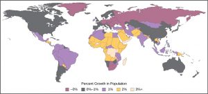 Map shows percent population growth of all countries. Developed countries are growing slower.